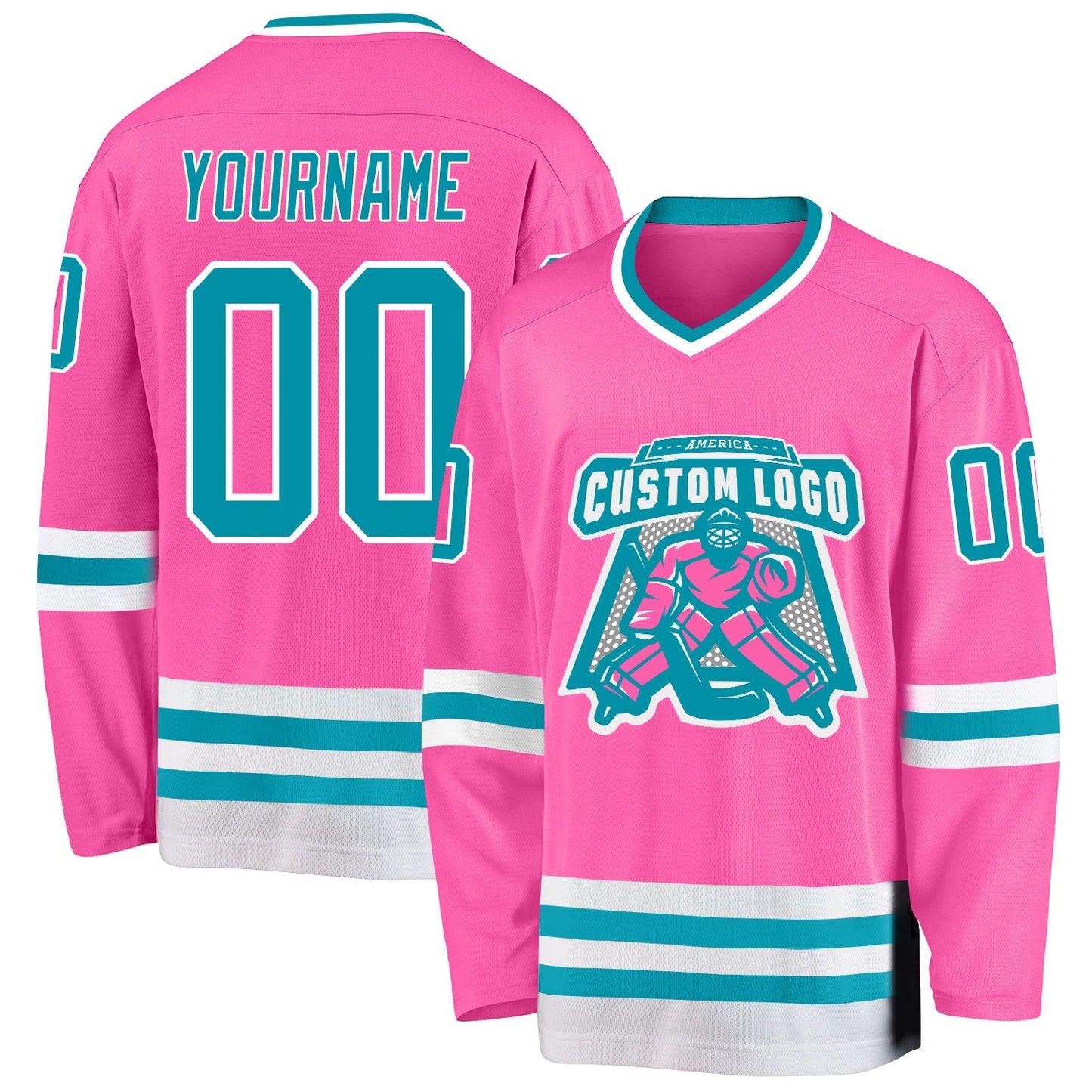 Custom Pink Teal-White Hockey Jersey view 2