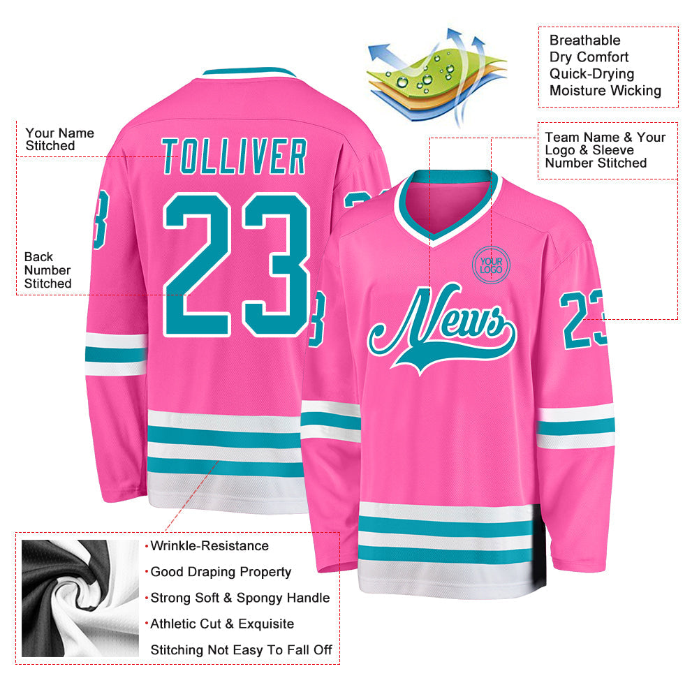 Custom Pink Teal-White Hockey Jersey view 3