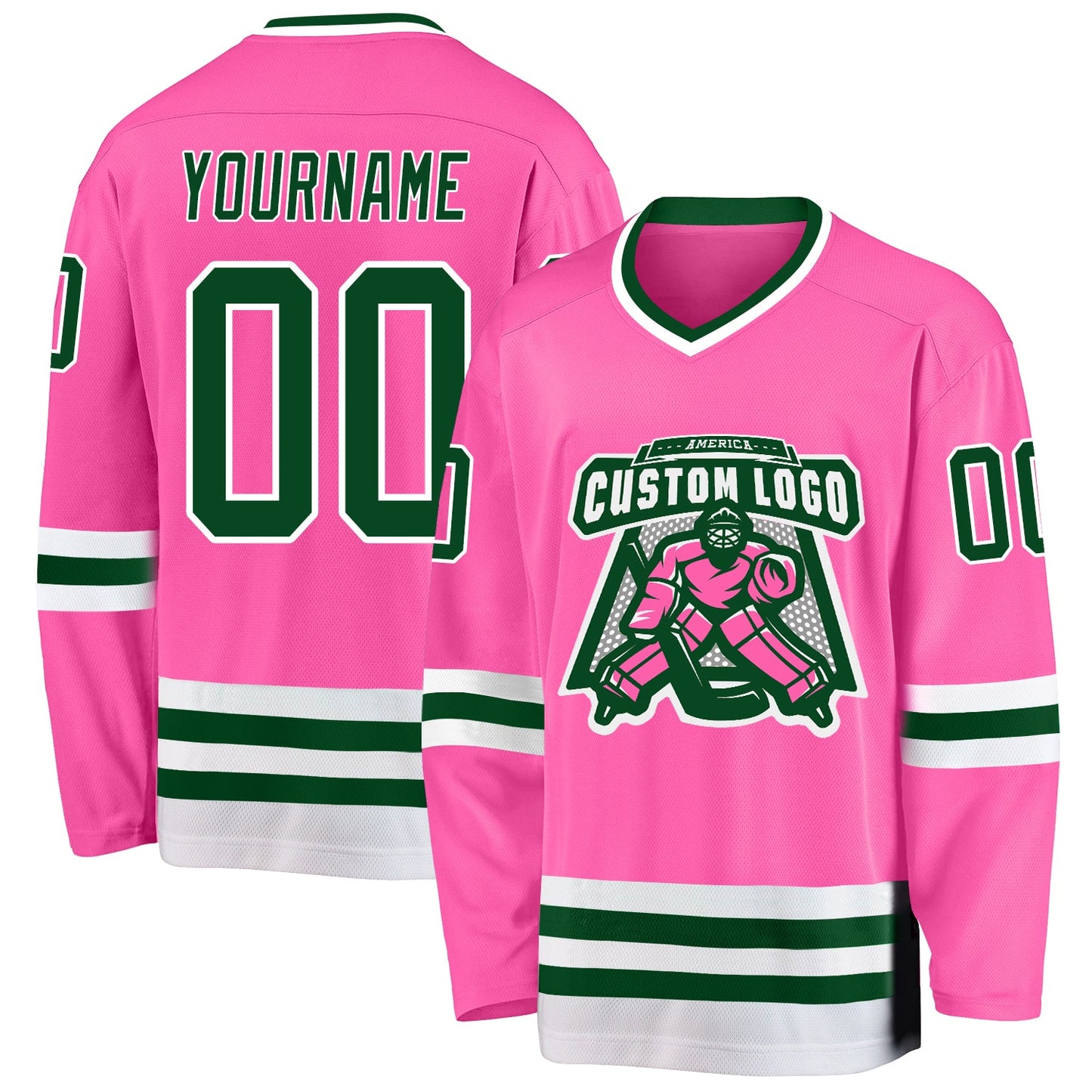 Custom Pink Green-White Hockey Jersey view 2