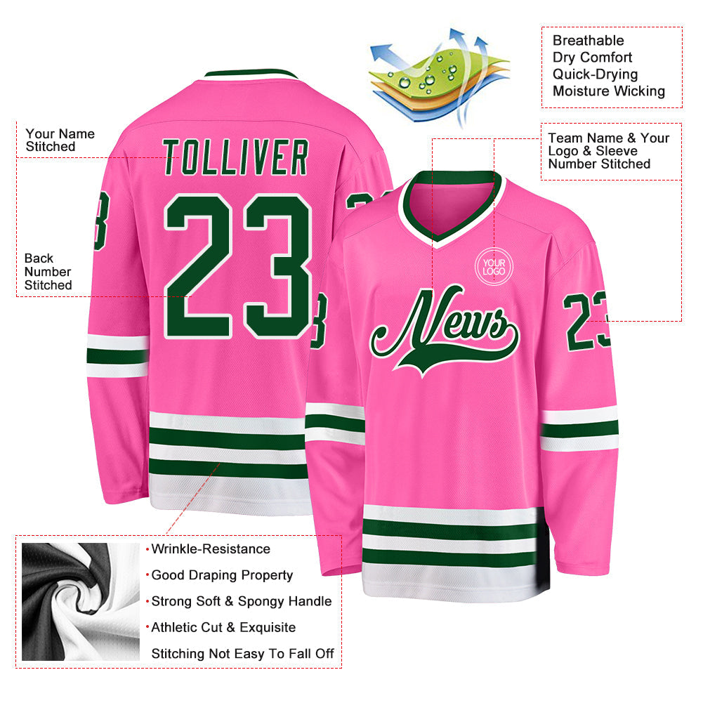 Custom Pink Green-White Hockey Jersey view 3