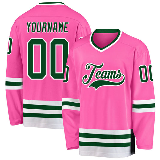 Custom Pink Green-White Hockey Jersey - Main View