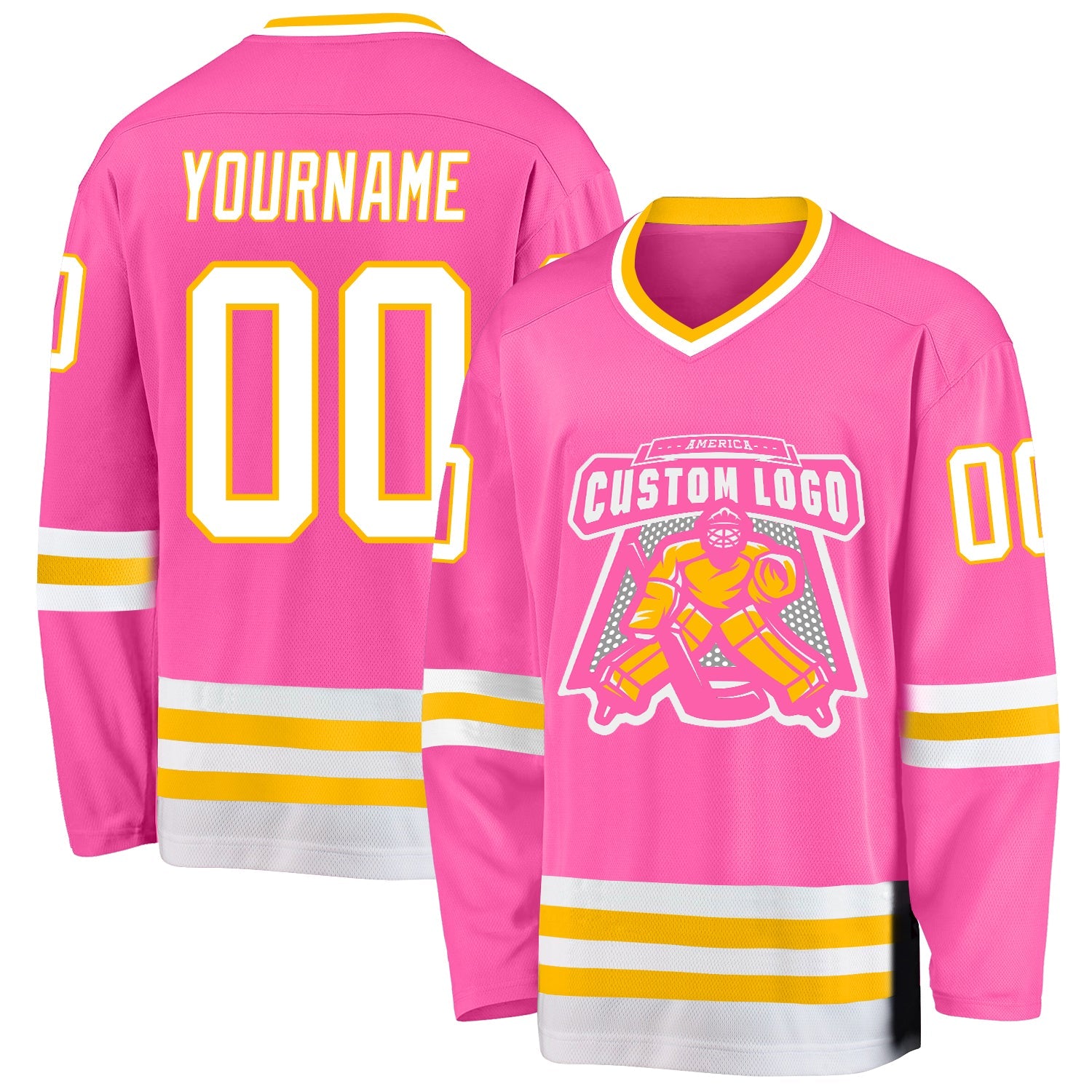 Custom Pink White-Gold Hockey Jersey view 2