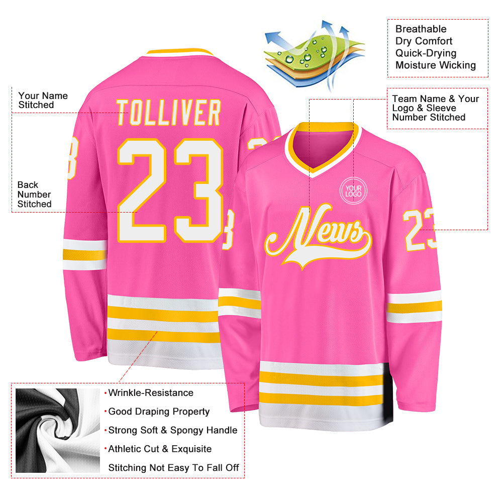 Custom Pink White-Gold Hockey Jersey view 3