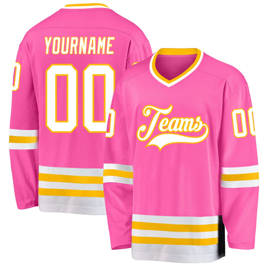 Custom Pink White-Gold Hockey Jersey - Main View