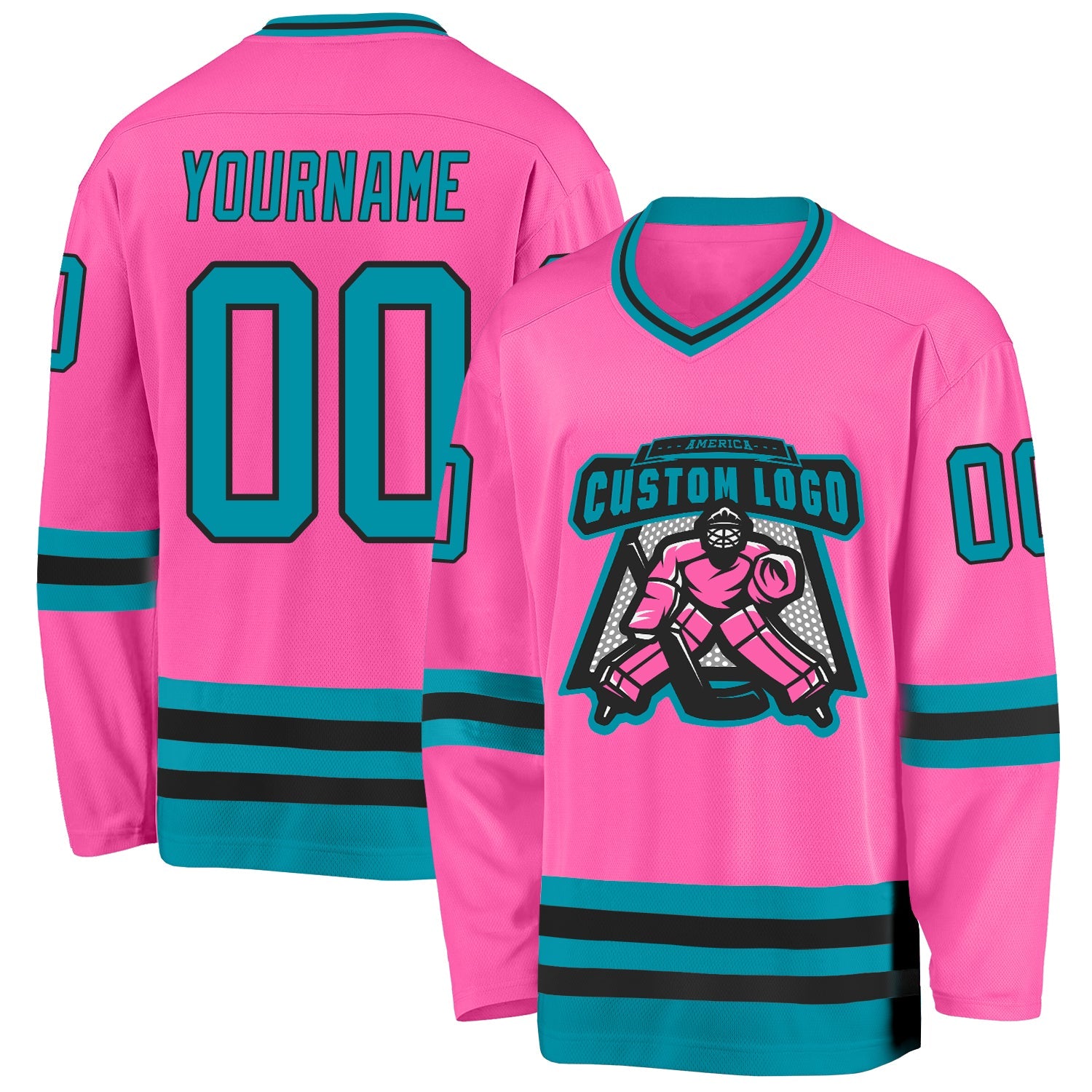 Custom Pink Teal-Black Hockey Jersey view 2
