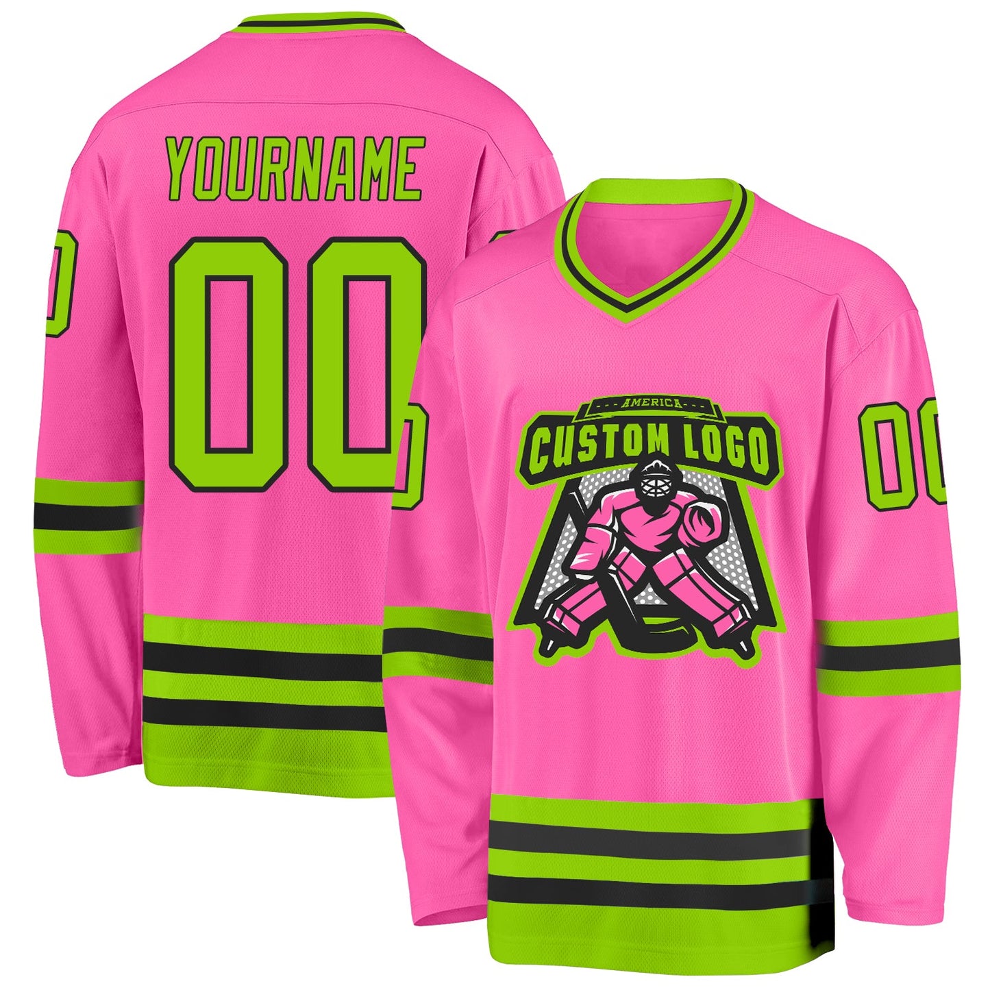 Custom Pink Neon Green-Black Hockey Jersey view 2