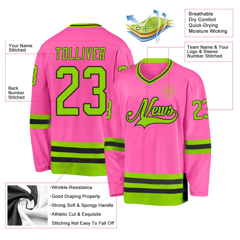 Custom Pink Neon Green-Black Hockey Jersey view 3