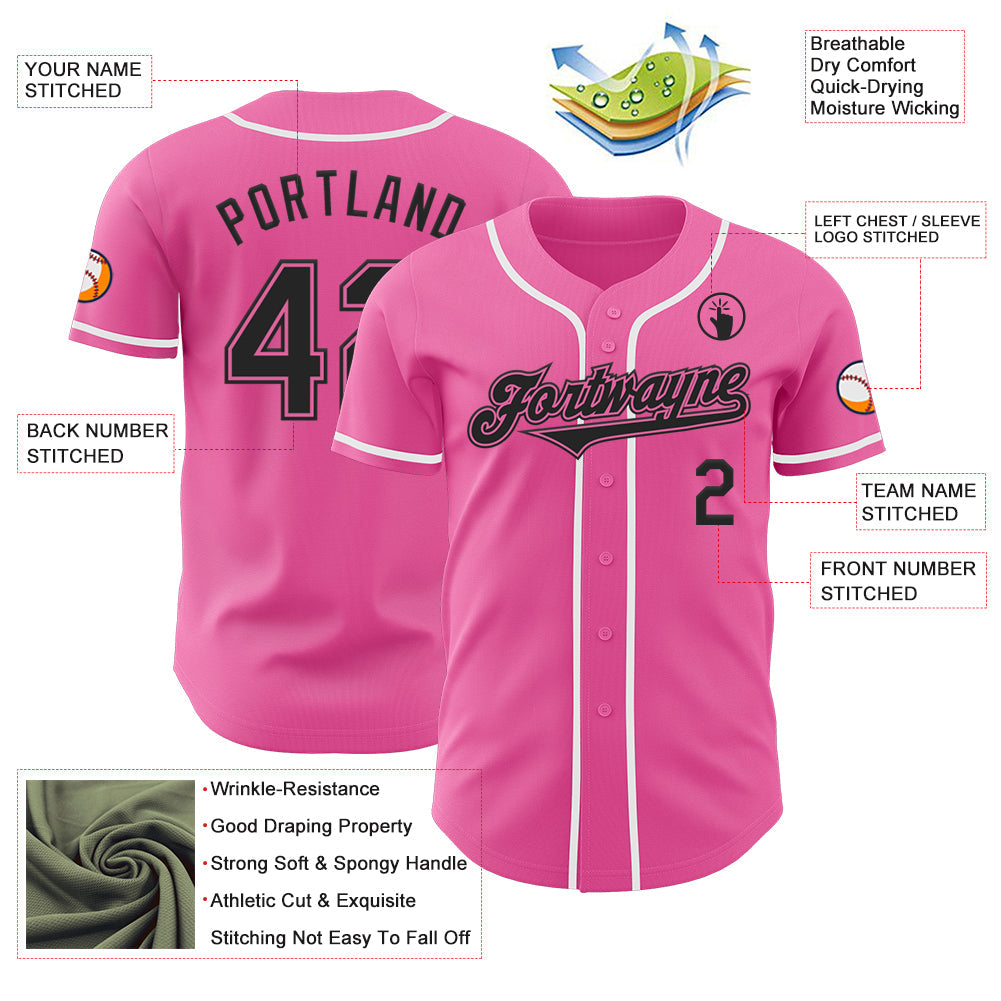 Custom Pink Black-White Authentic Baseball Jersey view 3