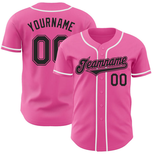 Custom Pink Black-White Authentic Baseball Jersey - Main View