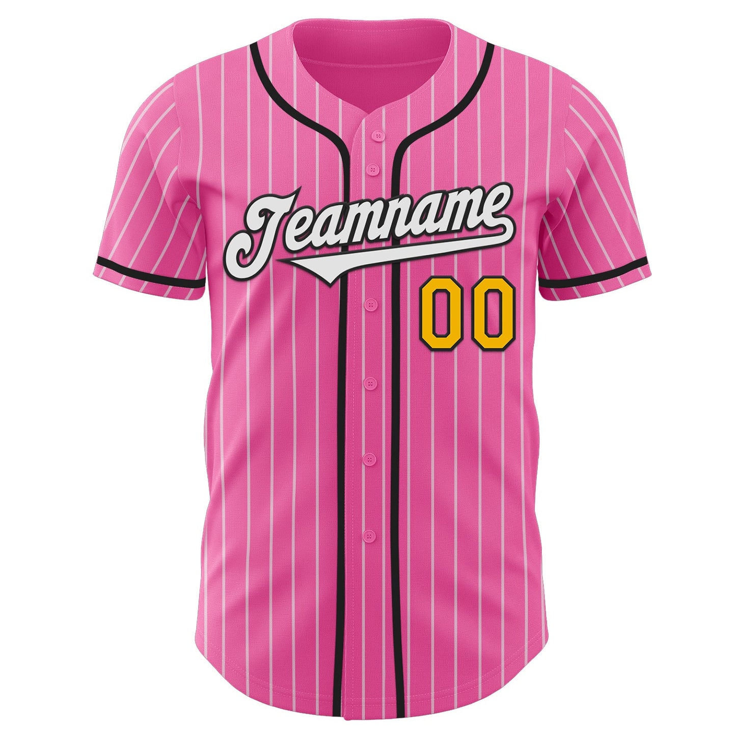 Custom Pink White Pinstripe Gold-Black Authentic Baseball Jersey view 2