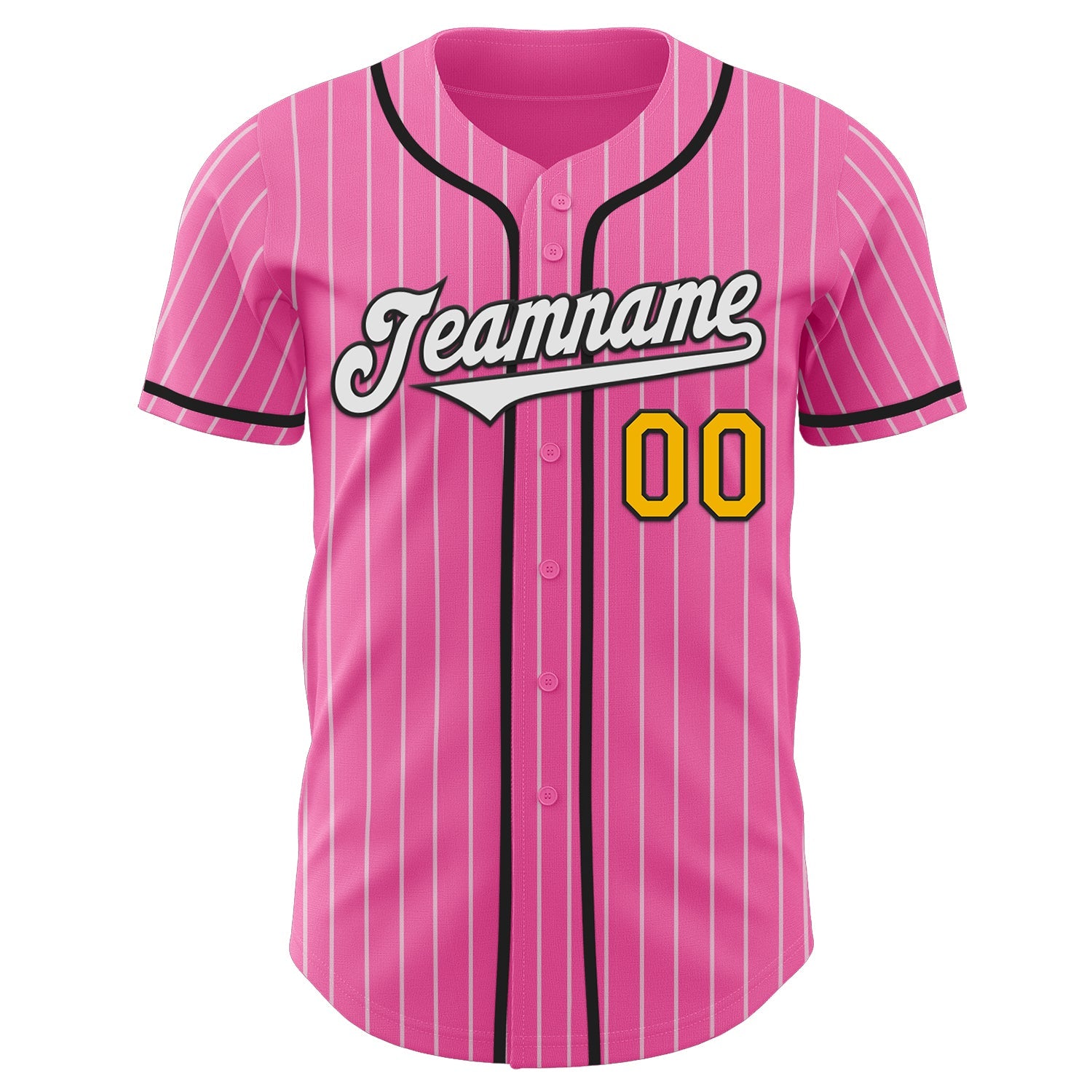 Custom Pink White Pinstripe Gold-Black Authentic Baseball Jersey view 2