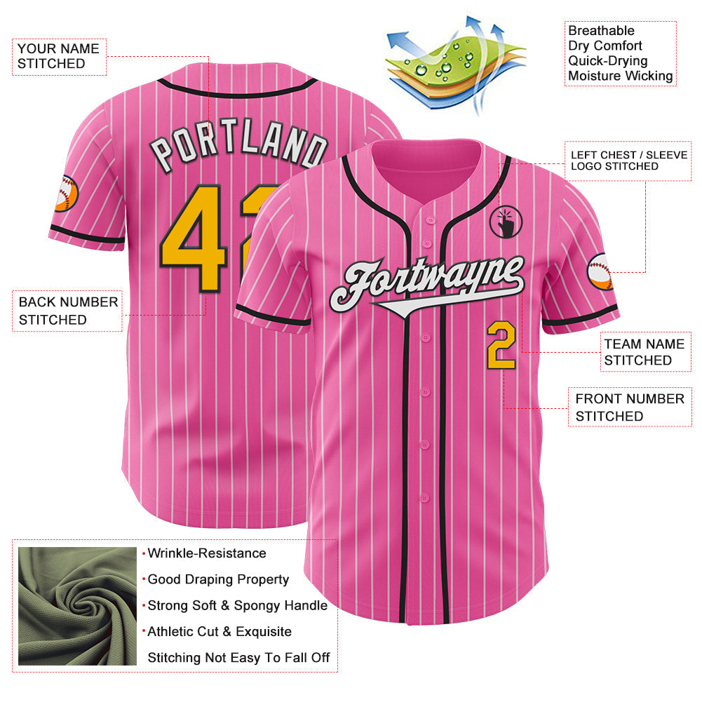 Custom Pink White Pinstripe Gold-Black Authentic Baseball Jersey view 3