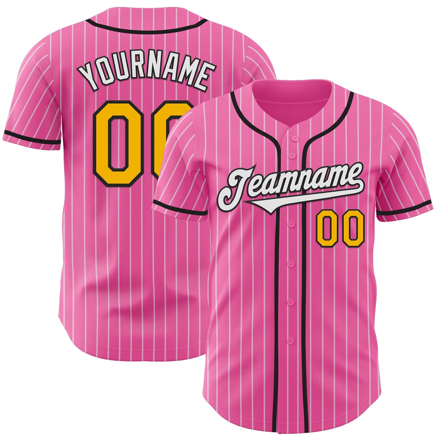 Custom Pink White Pinstripe Gold-Black Authentic Baseball Jersey - Main View