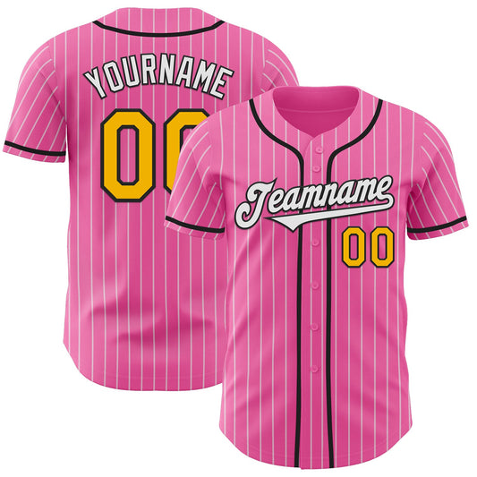 Custom Pink White Pinstripe Gold-Black Authentic Baseball Jersey - Main View