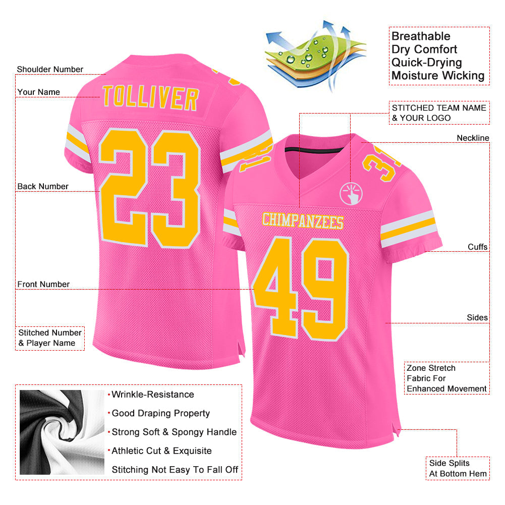 Custom Pink Gold-White Mesh Authentic Football Jersey view 2