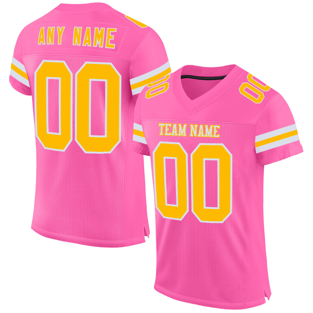 Custom Pink Gold-White Mesh Authentic Football Jersey - Main View
