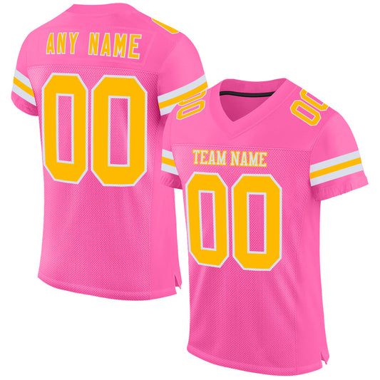 Custom Pink Gold-White Mesh Authentic Football Jersey - Main View