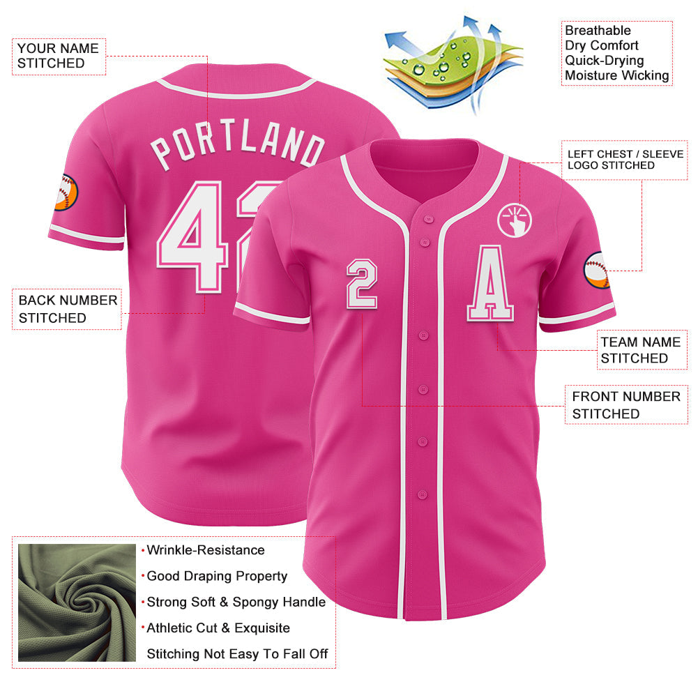 Custom Pink White Authentic Baseball Jersey view 2