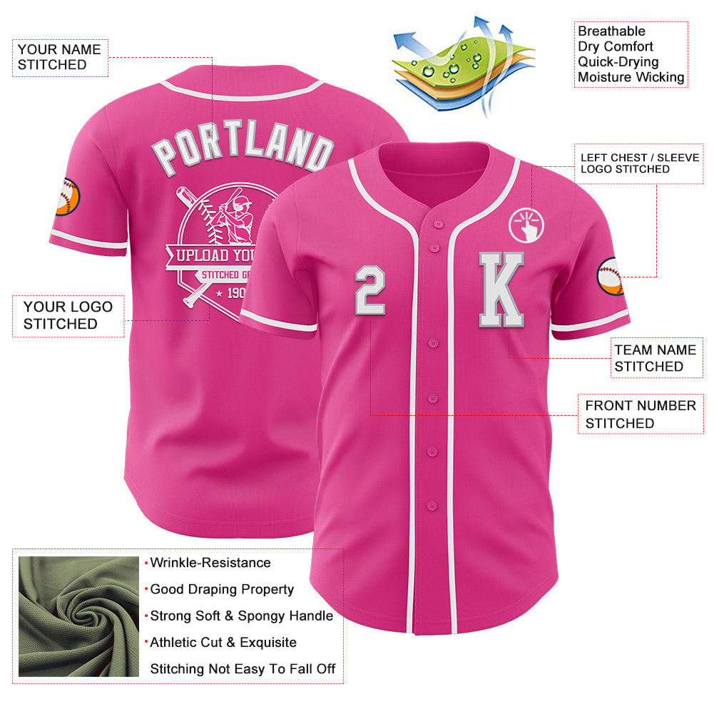 Custom Pink White-Gray Authentic Baseball Jersey view 6
