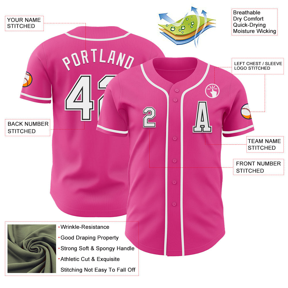 Custom Pink White-Black Authentic Baseball Jersey view 2