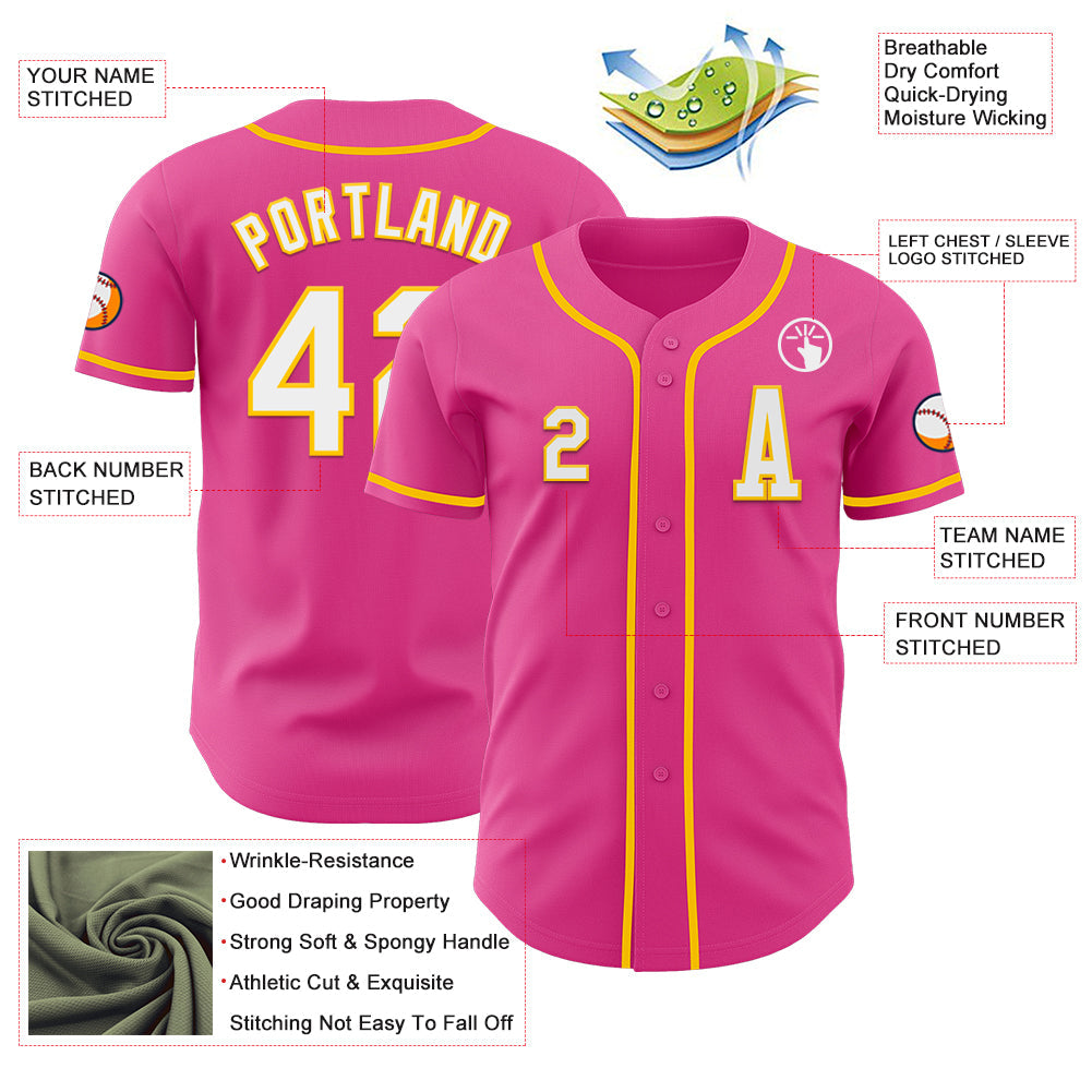 Custom Pink White-Yellow Authentic Baseball Jersey view 2