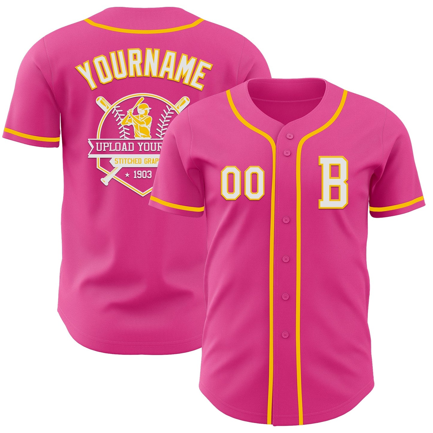 Custom Pink White-Yellow Authentic Baseball Jersey view 5