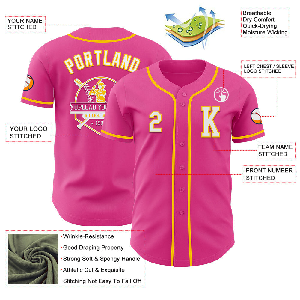 Custom Pink White-Yellow Authentic Baseball Jersey view 6