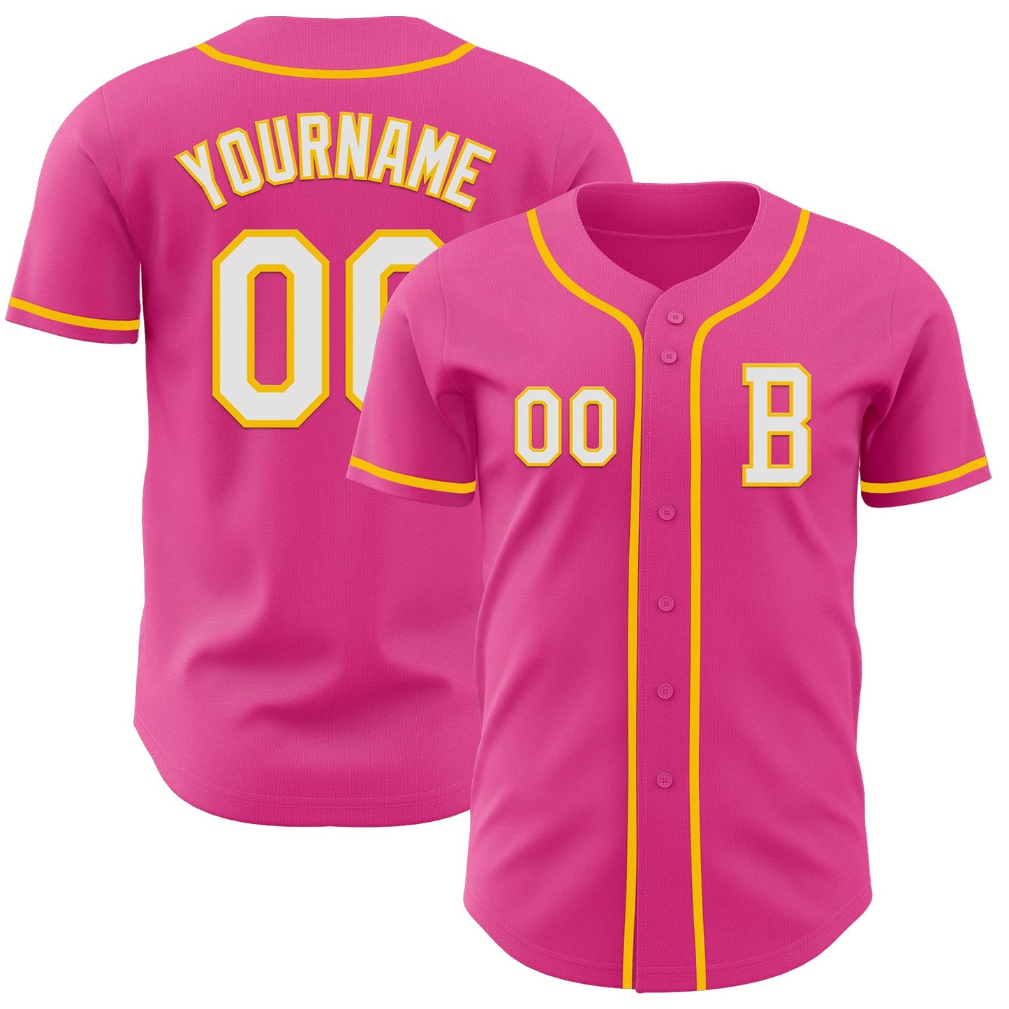Custom Pink White-Yellow Authentic Baseball Jersey - Main View