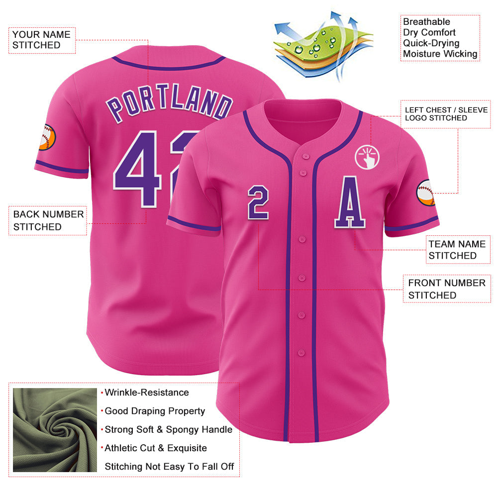 Custom Pink Purple-White Authentic Baseball Jersey view 2
