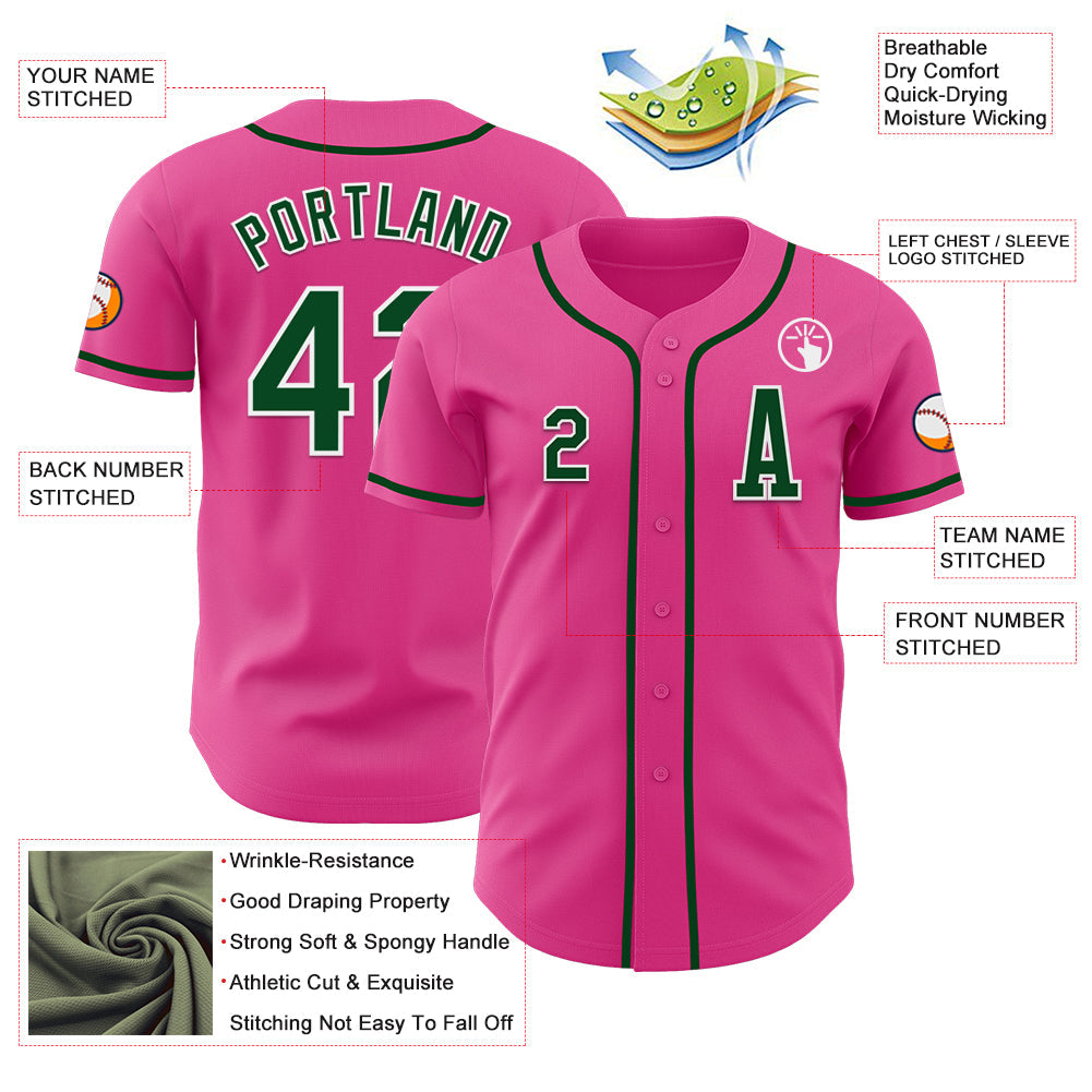 Custom Pink Green-White Authentic Baseball Jersey view 2
