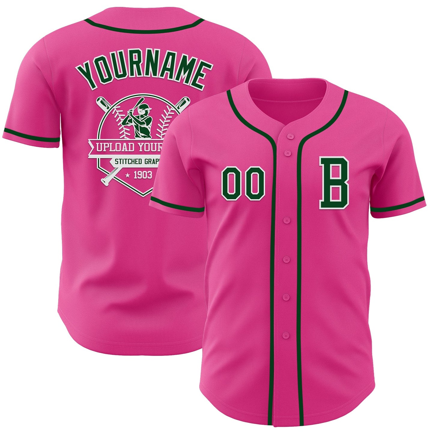 Custom Pink Green-White Authentic Baseball Jersey view 5