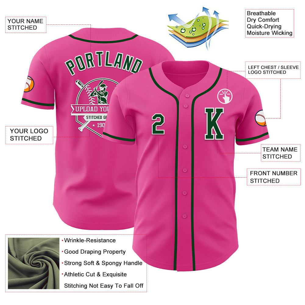 Custom Pink Green-White Authentic Baseball Jersey view 6