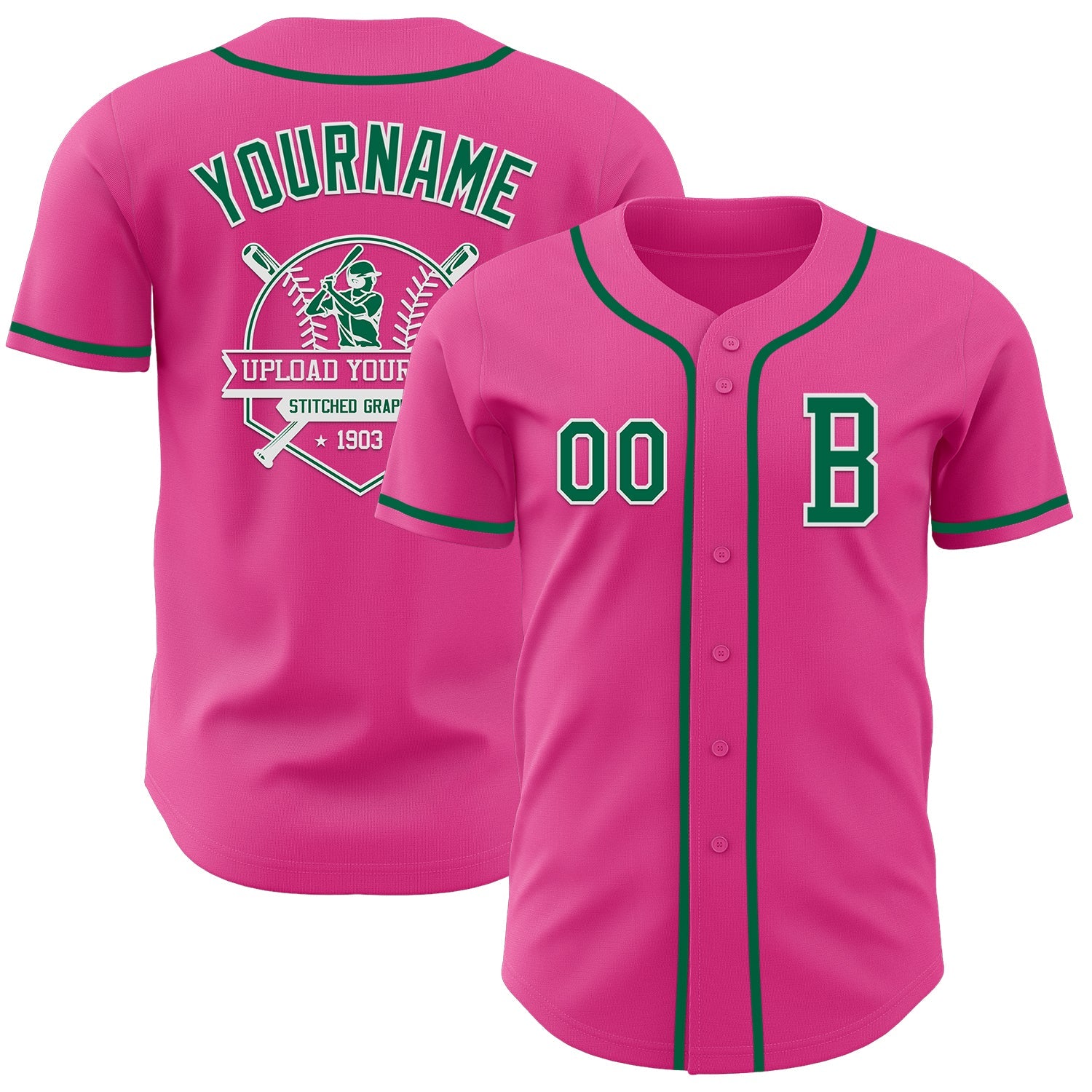 Custom Pink Kelly Green-White Authentic Baseball Jersey view 5