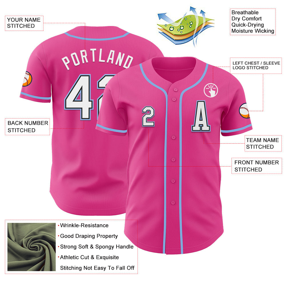 Custom Pink Black-Light Blue Authentic Baseball Jersey view 2