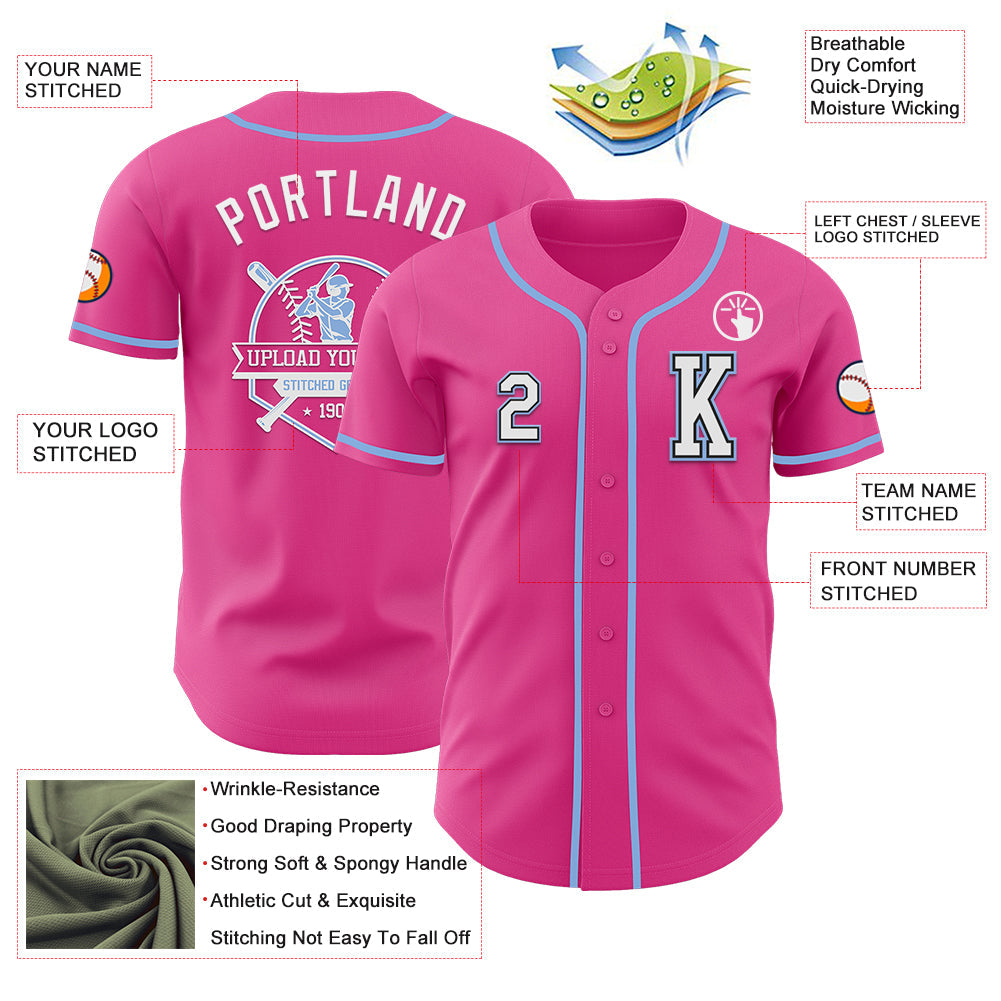 Custom Pink Black-Light Blue Authentic Baseball Jersey view 6