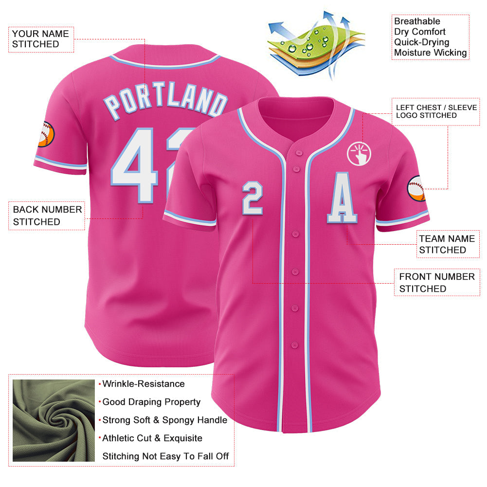 Custom Pink White-Light Blue Authentic Baseball Jersey view 2