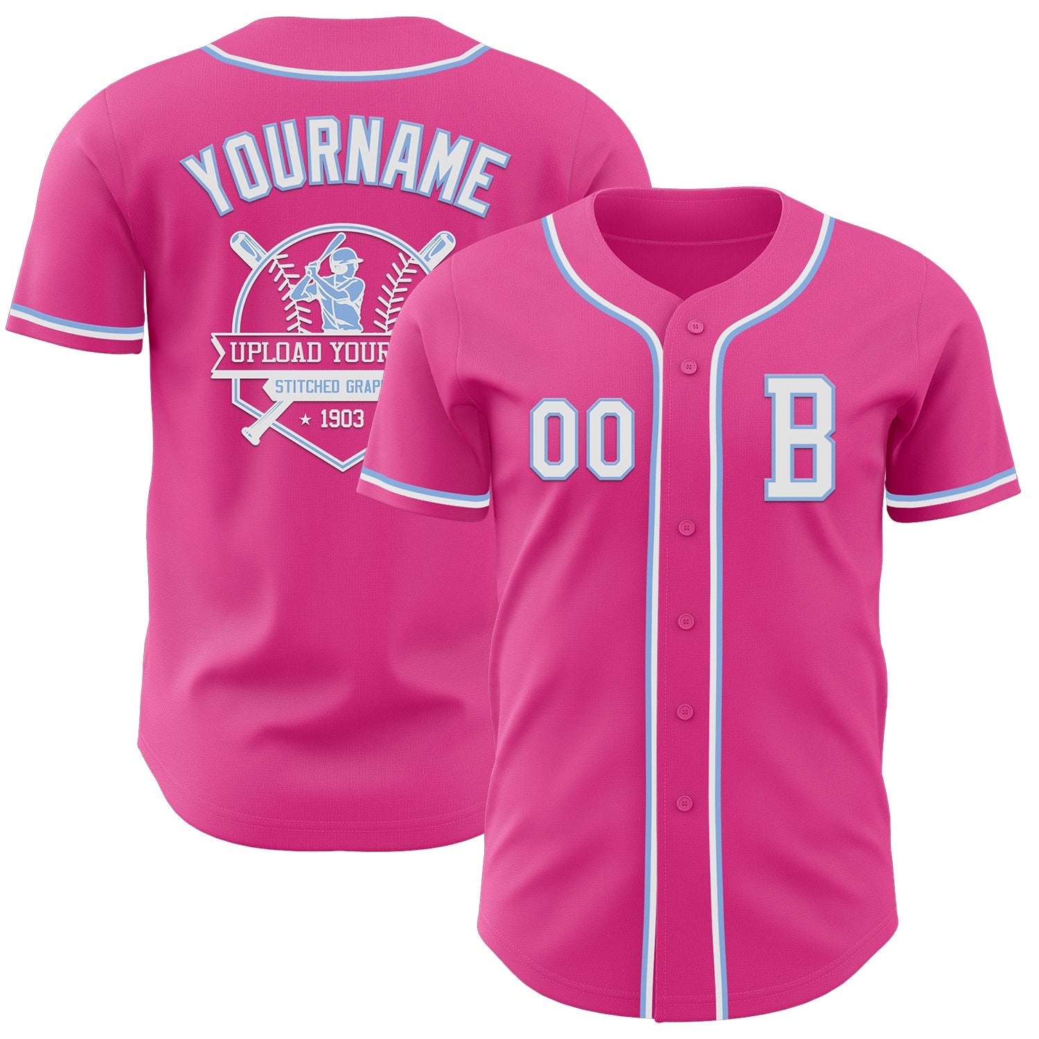 Custom Pink White-Light Blue Authentic Baseball Jersey view 5