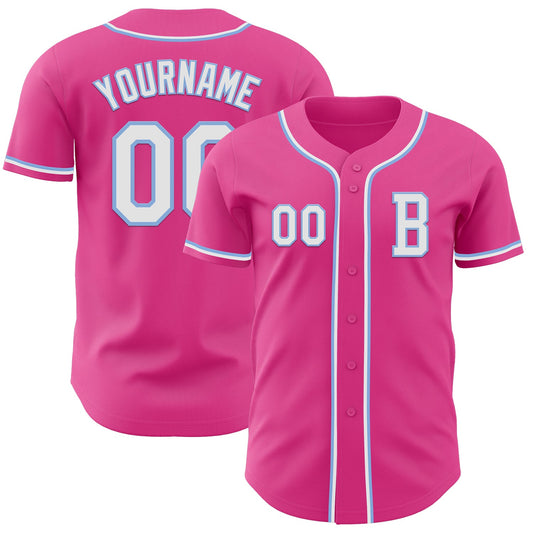 Custom Pink White-Light Blue Authentic Baseball Jersey - Main View