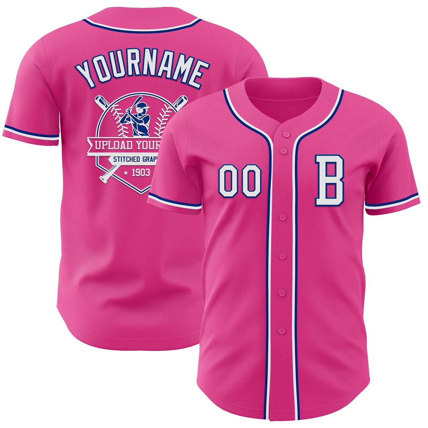 Custom Pink White-Royal Authentic Baseball Jersey view 5