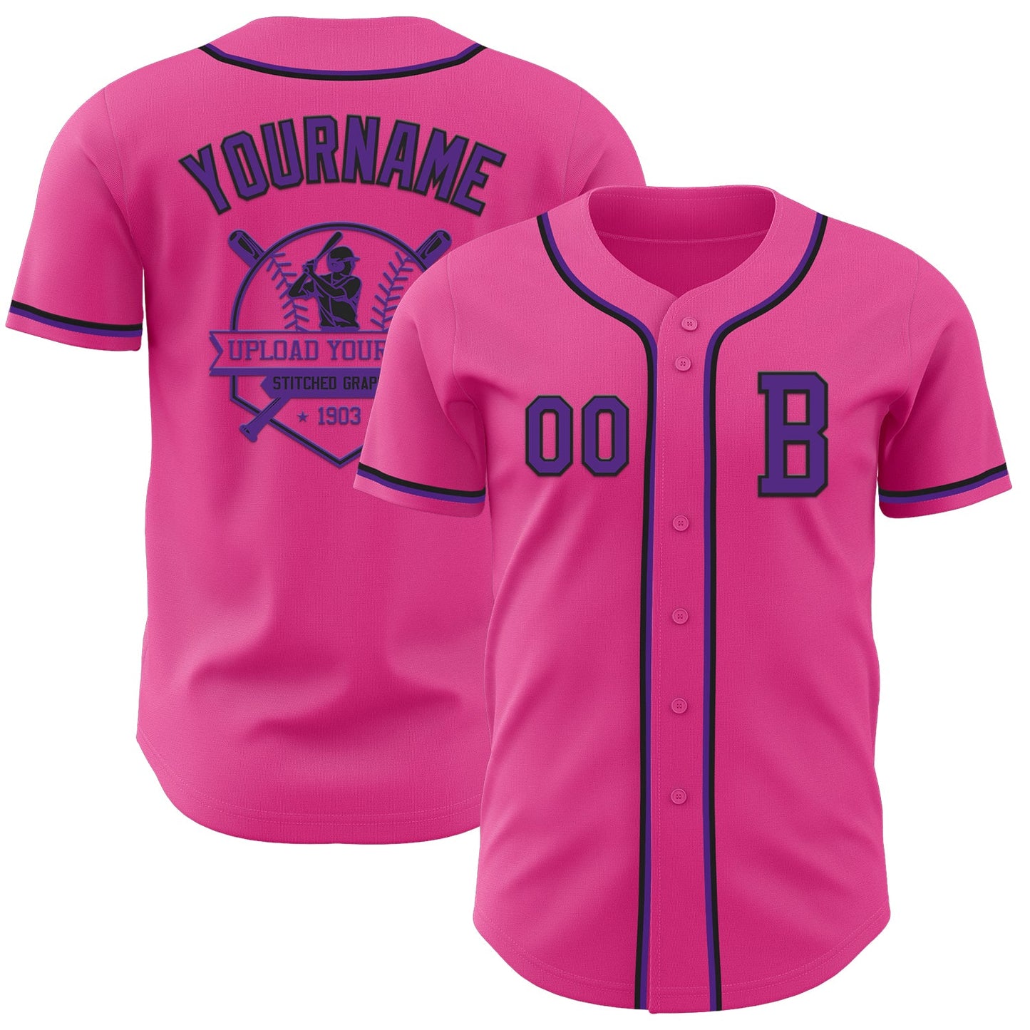 Custom Pink Purple-Black Authentic Baseball Jersey view 5