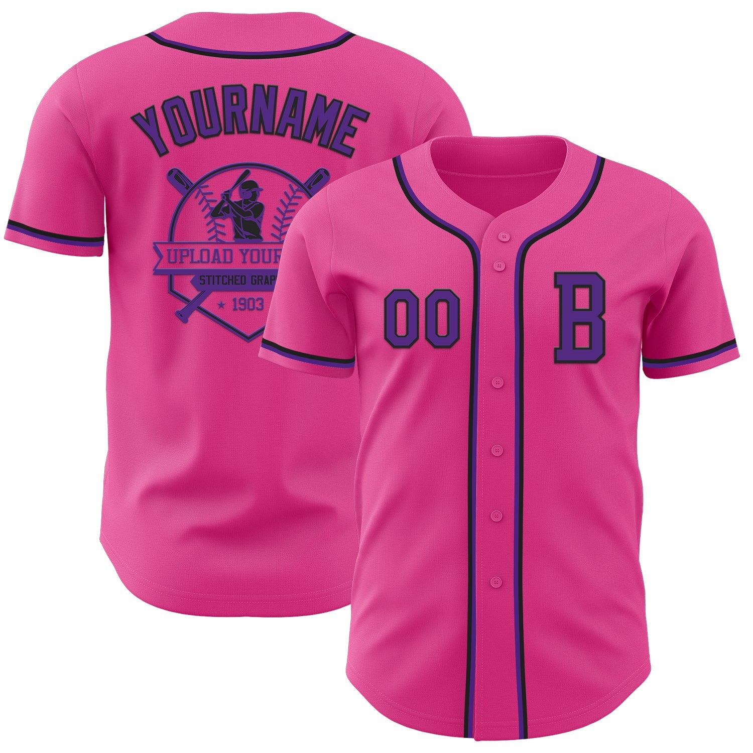 Custom Pink Purple-Black Authentic Baseball Jersey view 5
