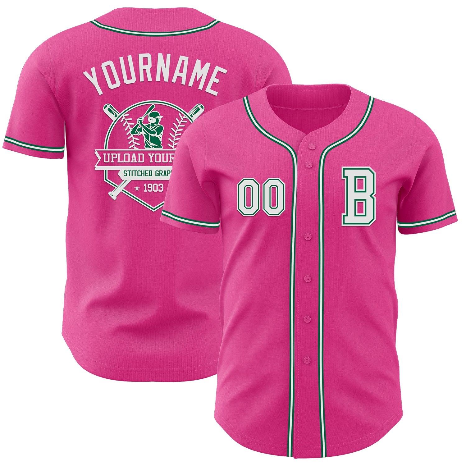 Custom Pink White-Kelly Green Authentic Baseball Jersey view 5