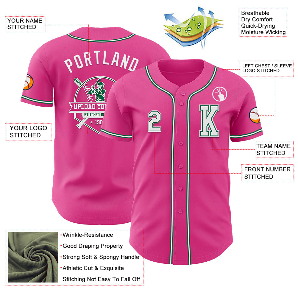 Custom Pink White-Kelly Green Authentic Baseball Jersey view 6