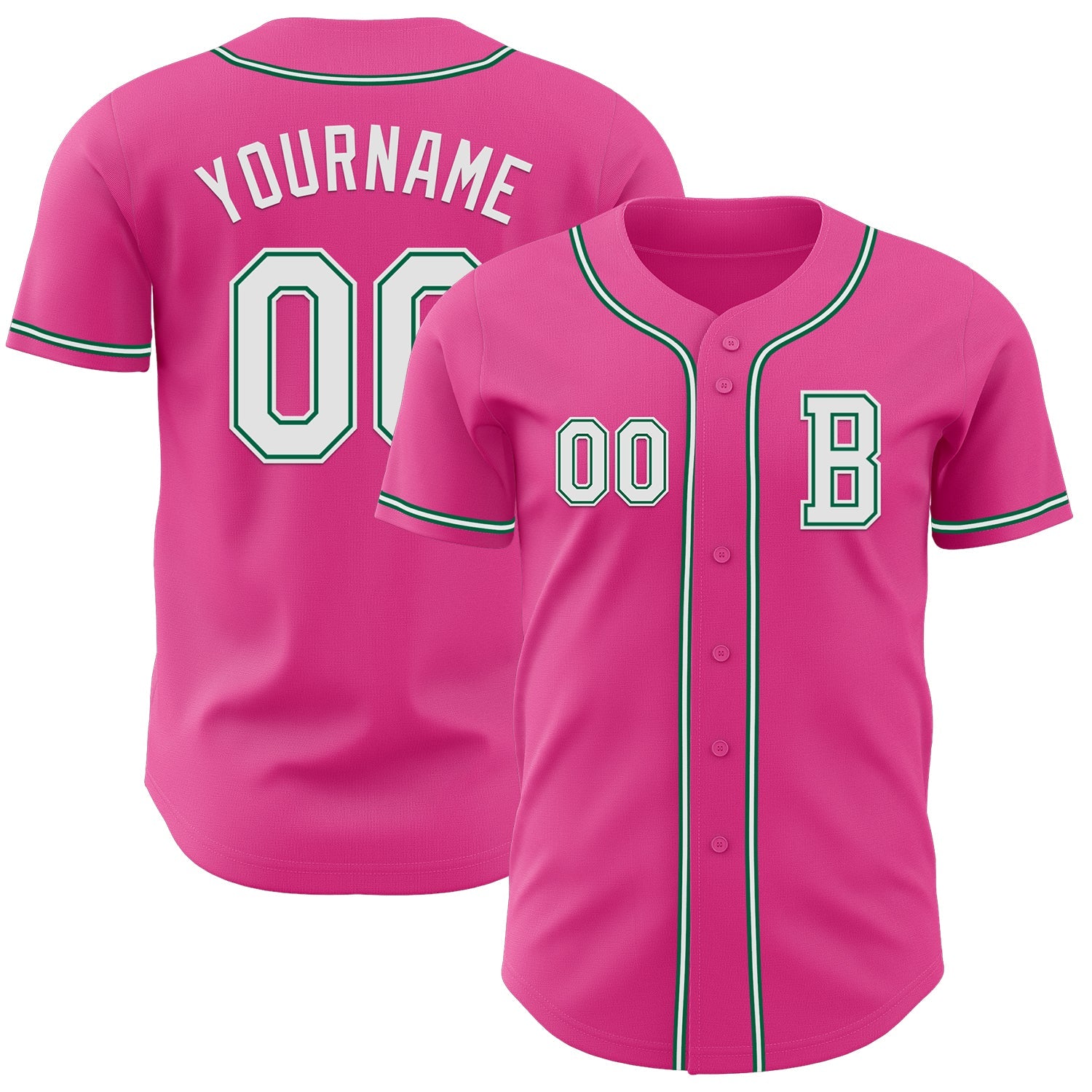 Custom Pink White-Kelly Green Authentic Baseball Jersey - Main View