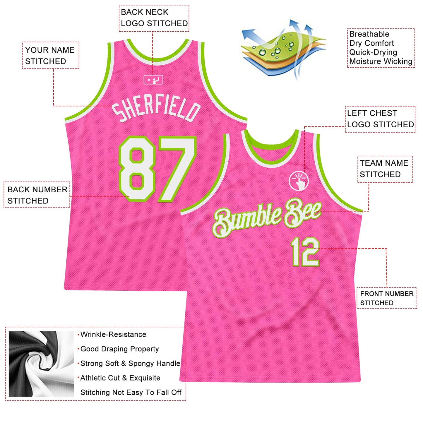 Custom Pink White-Neon Green Authentic Throwback Basketball Jersey view 2