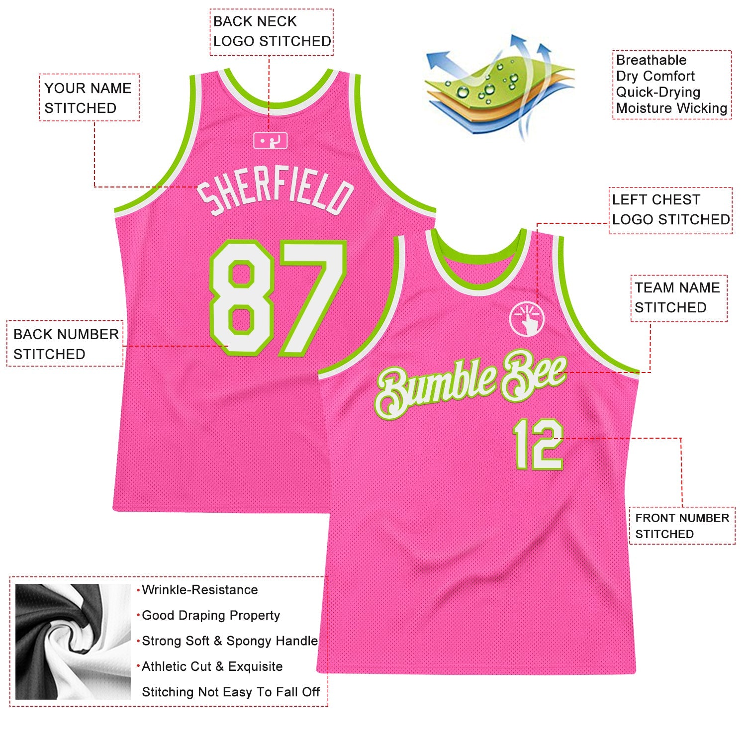 Custom Pink White-Neon Green Authentic Throwback Basketball Jersey view 2
