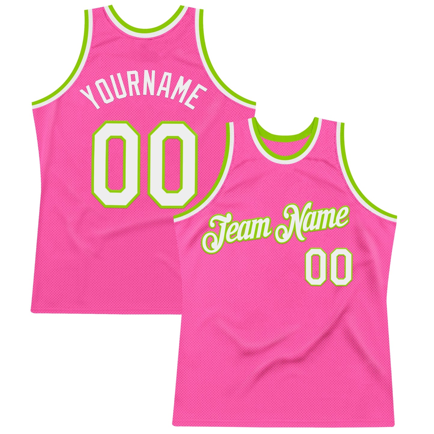 Custom Pink White-Neon Green Authentic Throwback Basketball Jersey - Main View