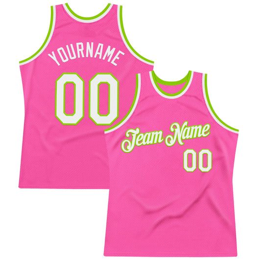 Custom Pink White-Neon Green Authentic Throwback Basketball Jersey - Main View