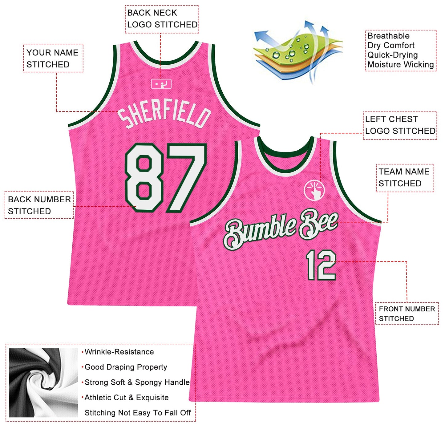 Custom Pink White-Green Authentic Throwback Basketball Jersey view 2