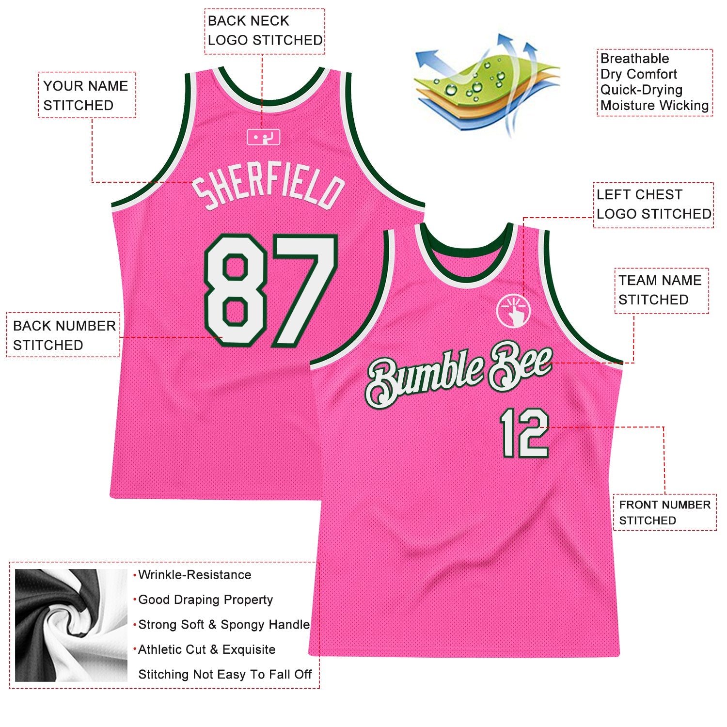 Custom Pink White-Green Authentic Throwback Basketball Jersey view 2